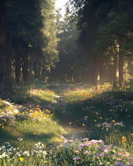 Obraz premium Sunbeams illuminate a lush forest path with wildflowers and a stream.