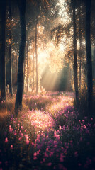 Naklejka premium Sunbeams illuminating a path through a misty forest with a field of wildflowers.