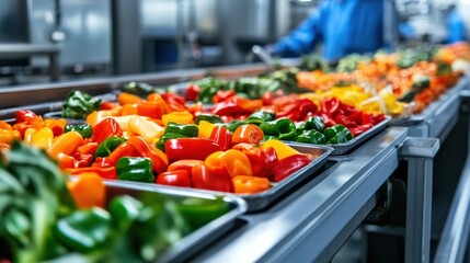 In a vibrant food factory, workers skillfully process and package an array of fresh vegetables on conveyor belts, creating ready-made meals efficiently throughout the day