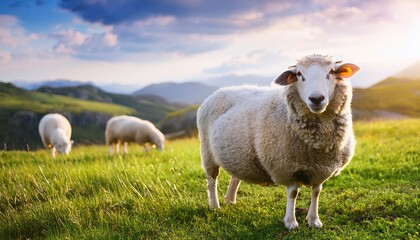 Fototapeta premium sheep grazing on a beautiful farm field, grass field background, Fresh and Relax concept. For montage product display or design key visual layout. View of copy space