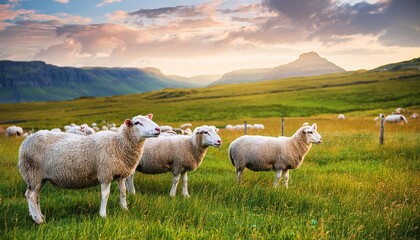 Obraz premium sheep grazing on a beautiful farm field, grass field background, Fresh and Relax concept. For montage product display or design key visual layout. View of copy space