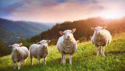 Obraz premium sheep grazing on a beautiful farm field, grass field background, Fresh and Relax concept. For montage product display or design key visual layout. View of copy space