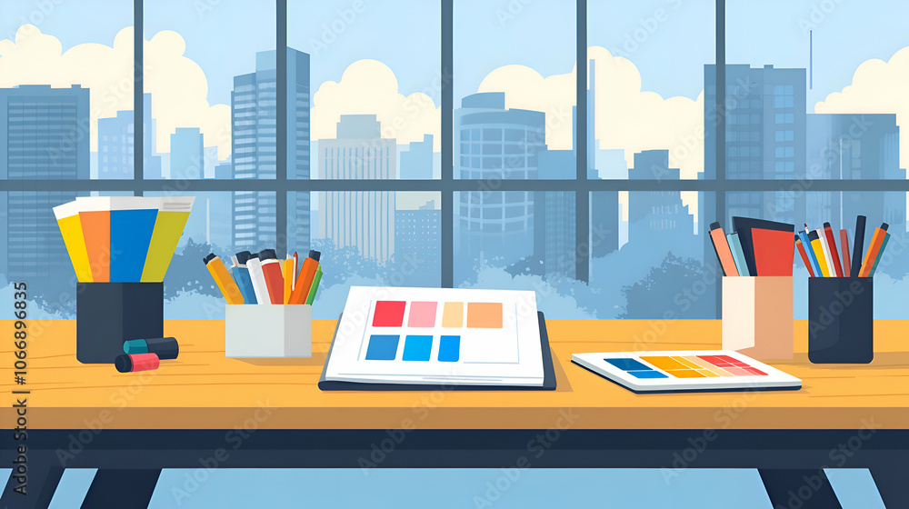 Poster a desk with art supplies and a color palette book in front of a large window with a city view.