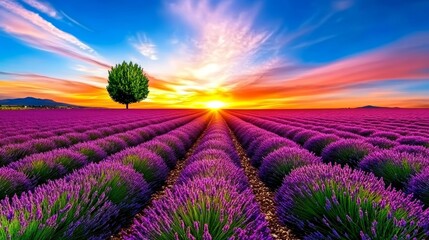 Obraz premium Lavender Field Sunset Landscape with Tree Silhouette