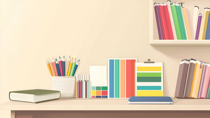 A desk with books, pencils, and papers in a minimalist style.