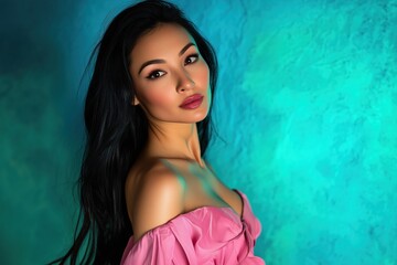 A woman in a pink dress is standing in front of a blue wall