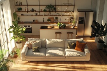A Scandinavian-style living room with a light grey sofa, wooden floor, and plants in the background.