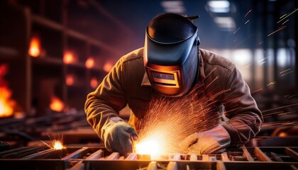 Welder Iron mask and fire metal warehouse with burning coals