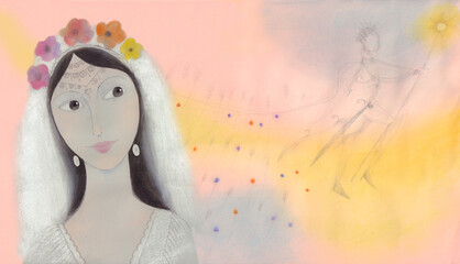 illustration in watercolor, crayons and collage of Slavic ethnic outfits