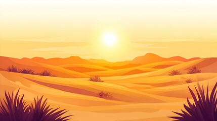 Obraz premium A scenic sunset over a vast desert landscape with rolling sand dunes, distant mountains and scattered vegetation.