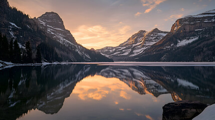 Fototapeta premium A serene mountain lake reflects the vibrant colors of a sunrise.