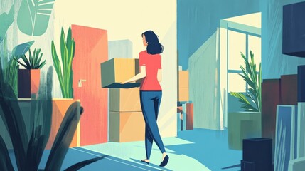 A woman is seen moving into her new home, carefully balancing a box in her arms. Sunlight filters in, illuminating her path surrounded by plants
