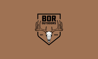 Outdoor logo with deer skull and antlers in shield design