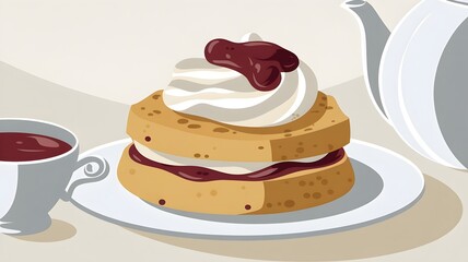 Illustrated scone with clotted cream and jam on a white plate
