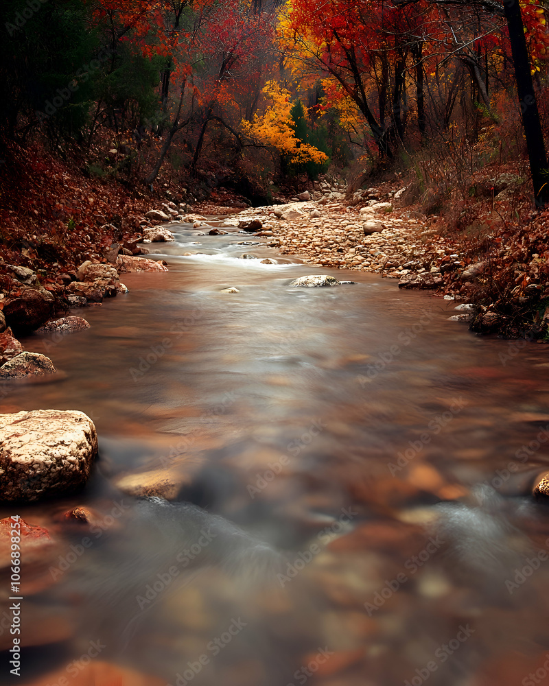 Poster a stream flowing through a forest in autumn with colorful leaves.