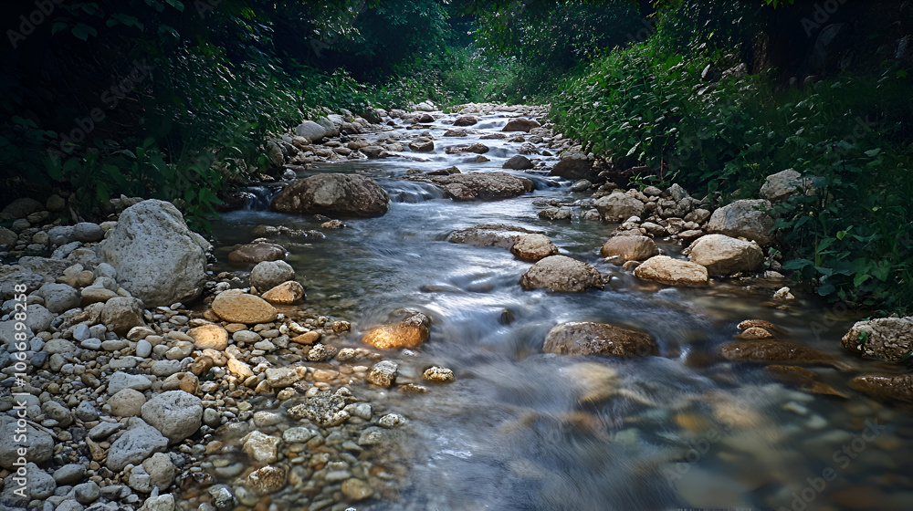Poster a tranquil stream flows through a lush forest, with smooth rocks and sunlight filtering through the 