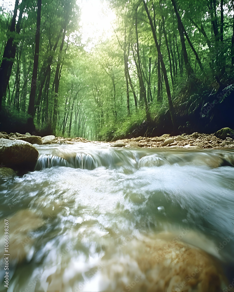 Poster a tranquil stream flows through a lush forest with sunlight filtering through the canopy.