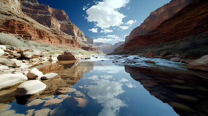 A tranquil river flows through a deep canyon, reflecting the bright blue sky and white clouds above.