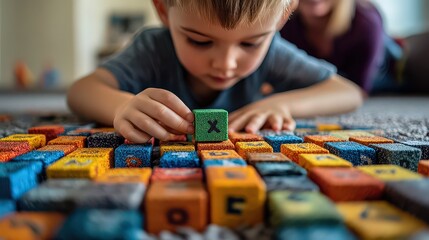 Fototapeta premium Detailed close-up of child selecting green block from pile of colorful pieces with letters, numbers, animals.