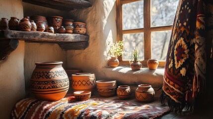  Cozy interior of Native American home featuring pottery, woven blankets, and shelf of cherished artifacts.