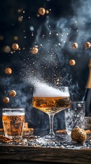 Two elegant cocktails with splashes and golden decorations create a festive ambiance.
