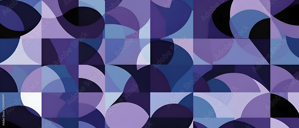 Poster abstract geometric pattern of overlapping circles and squares in shades of blue and purple.