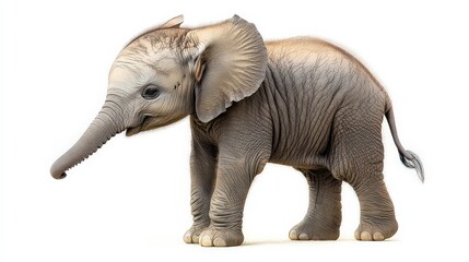  Young African elephant calf stands with trunk slightly raised against white background, appearing curious.