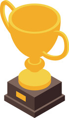 Isometric golden trophy on podium, symbolizing success, achievement, and first place in competition