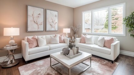 Fototapeta premium Contemporary Living Room with White Couches and a View of Trees