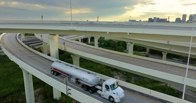 USA car urban transportation infrastructure. American highway junction with fast driving vehicles in Florida, Florida