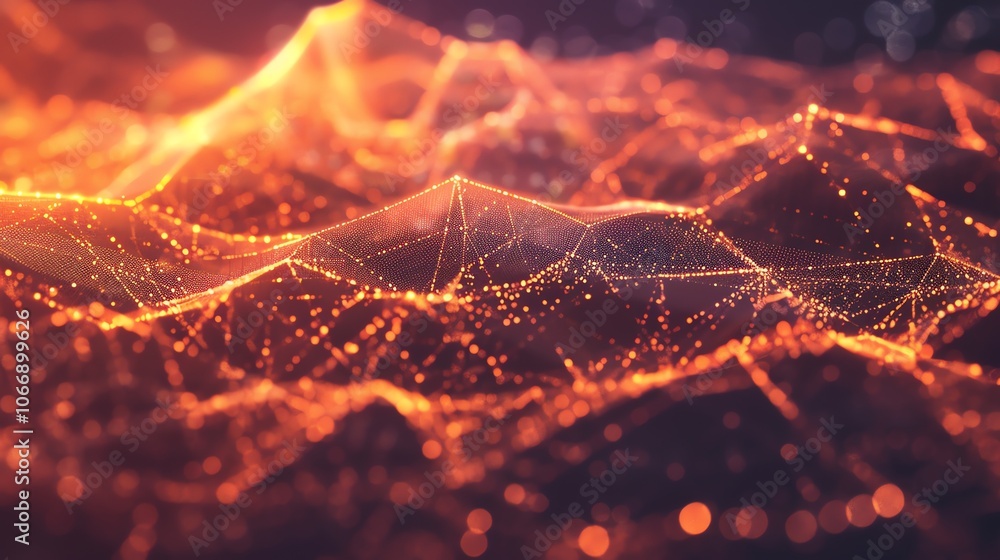 Poster abstract digital art with glowing lines and dots forming a textured pattern.