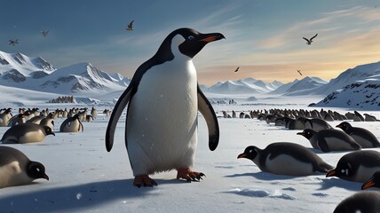 Obraz premium A lone Emperor penguin stands tall amidst a colony of penguins in a snowy, mountainous landscape