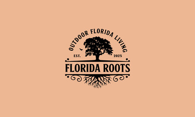 Florida roots logo with tree and roots in vintage style