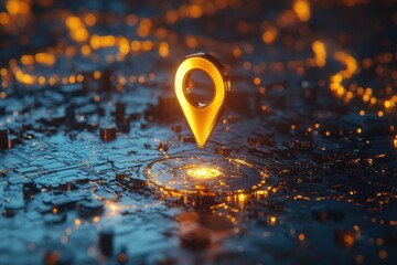 Golden location pin on a digital map background with glowing city lights.