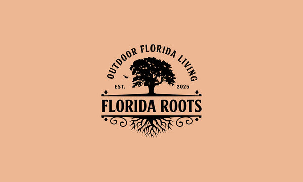 Florida roots logo with tree and roots in vintage style
