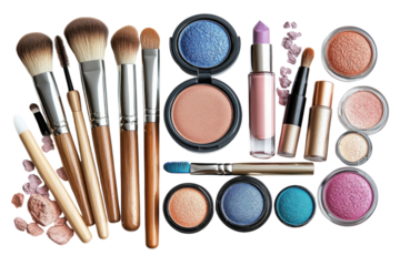 A colorful collection of makeup products and brushes arranged aesthetically on a table