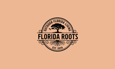 Florida roots logo with tree and roots in vintage style