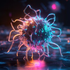 Microscopic view of a colorful virus, illuminated with vibrant lights, white isolate background.