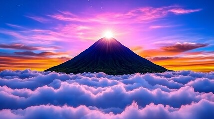 Majestic Mountain Peak Above Clouds at Sunset with Dramatic Sky