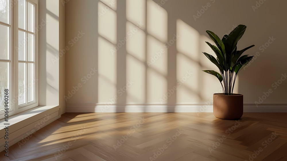 Poster a plant in a terracotta pot stands on a hardwood floor in a room with a window. the sun streams in c