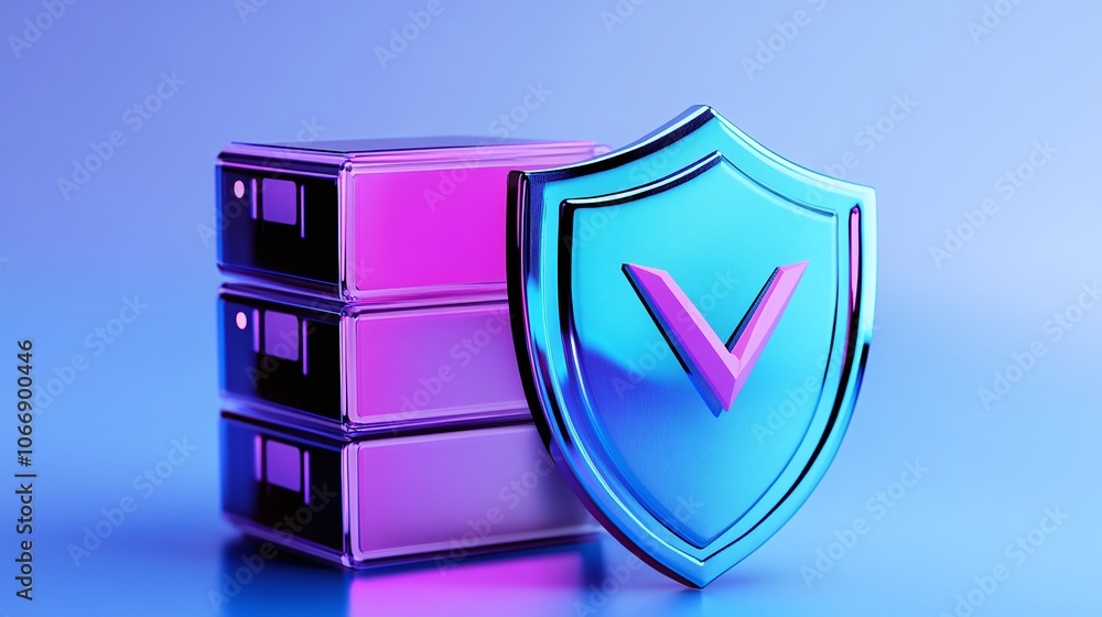 Poster 3d cybersecurity shield icon with server background