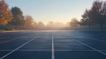  Large empty parking lot at dawn, with neatly painted lines stretching across asphalt.