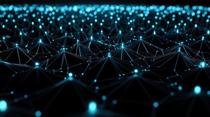 Abstract network connection with glowing blue nodes on a dark background.