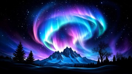 Majestic Aurora Borealis Display Over Snowy Mountain Range