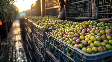  Large crates of freshly picked olives loaded onto truck headed for olive oil factory, ready for processing.
