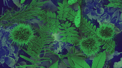 A beautifully detailed seasonal background of rustic autumn and winter leaves and foliage in a collage style.