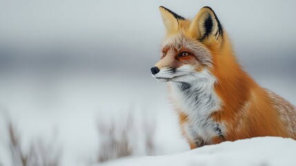 Obraz premium Red fox sitting in snowy field, gazing into distance. The fox's vibrant fur contrasts against white snow, embodying elegance and resilience in winter landscape.