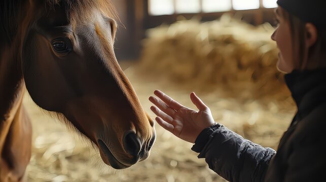  Person reaching out to horse in cozy barn, evoking trust and connection between human and animal in warm, rustic setting with hay scattered around.