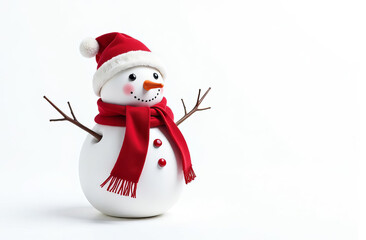 Snowman wearing a hat and a knitted scarf, copy space