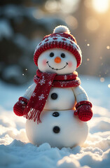 Fototapeta premium Snowman wearing a hat and a knitted scarf, copy space